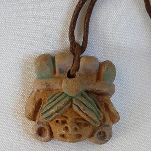 Pottery Aztec Head Bust Necklace Vintage Handcrafted Leather Knotted Cord